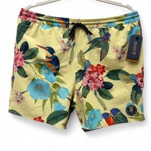Roark Men’sYellow Tropical Floral & Bird Swim Shorts with Blue and Green Accents